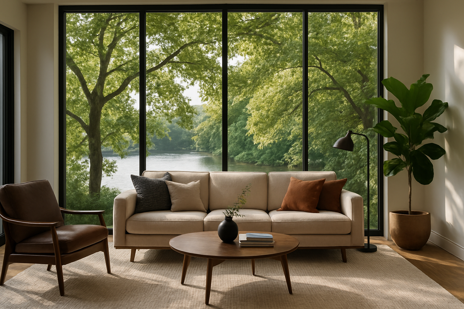 stylish living room with leafy view over the water-1
